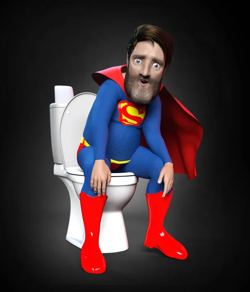 Süper Kahraman Banyoda Tuvalette Oturuyor Illüstrasyon — Stok fotoğraf