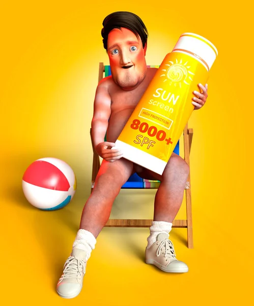 Gebräunter Mann Sitzt Auf Liegestuhl Mit Riesigem Sonnenschutz Illustration — Stockfoto