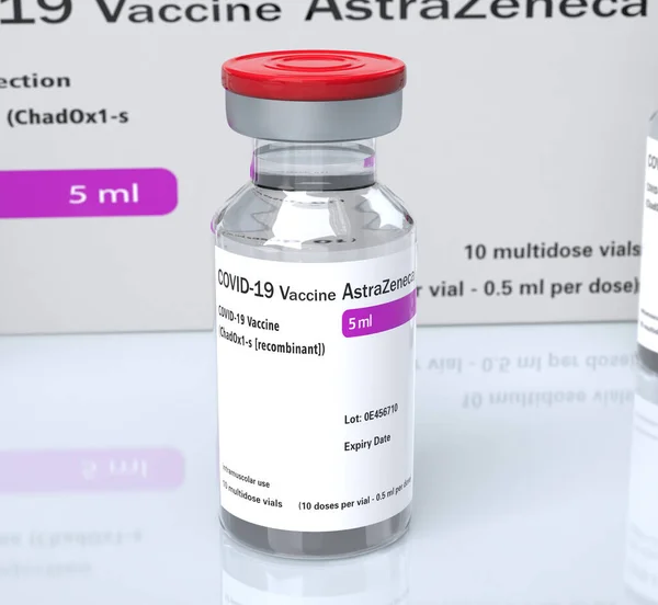 7月07 2021 アストラゼネカ株式会社は コロナウイルスCovid 19感染症の95を予防する上で効果的なCovid 19ウイルスワクチンボトルに対するワクチンを生産しています — ストック写真