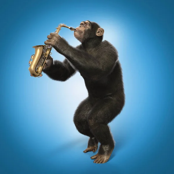 Monkey Playing Saxophone Blue Background Illustration — Stock Photo, Image