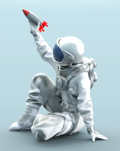 地上に座っている宇宙飛行士は 手に小さなロケット 3Dイラストを保持します — ストック写真