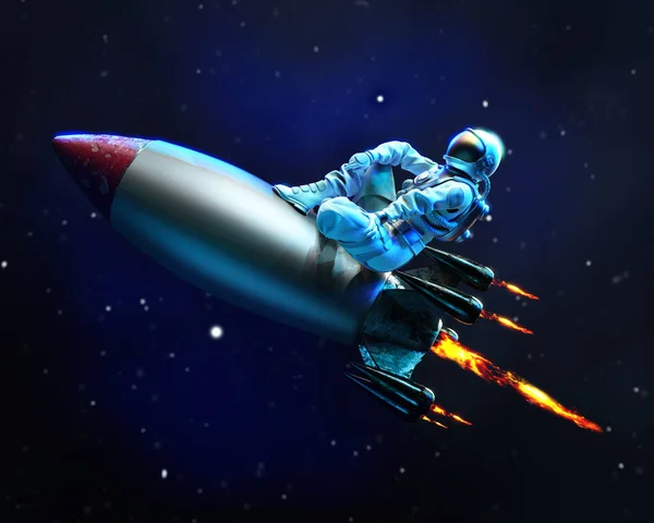 Astronaut Färdas Rymden Sitter Den Flygande Missilen Illustration — Stockfoto