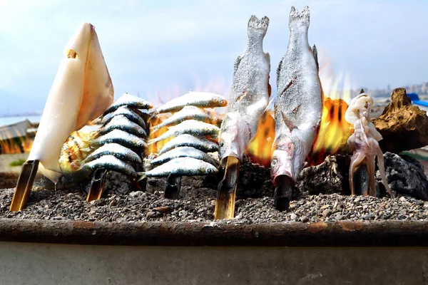 Vis barbecue op het strand — Stockfoto