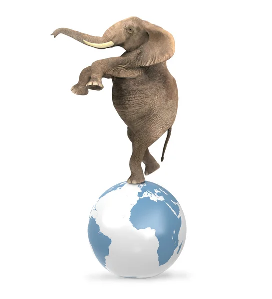 Olifant balanceren op een wereld — Stockfoto