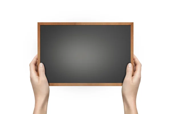 Hands of a woman holding blackboard with white background — Stock Photo, Image