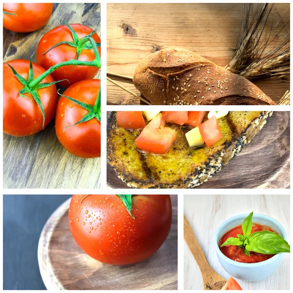 Colagem de tomates e pão — Fotografia de Stock