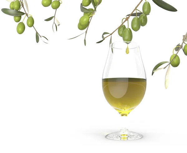 Taza de vidrio con aceite y ramas de olivo —  Fotos de Stock