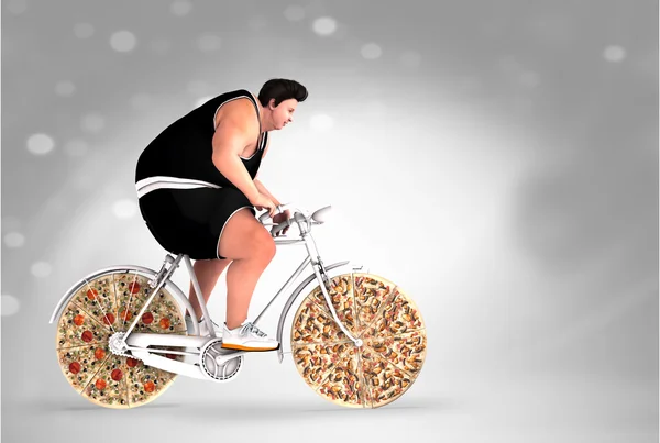 Παχύσαρκος άνθρωπος με πίτσα τροχούς ποδηλάτων — Φωτογραφία Αρχείου