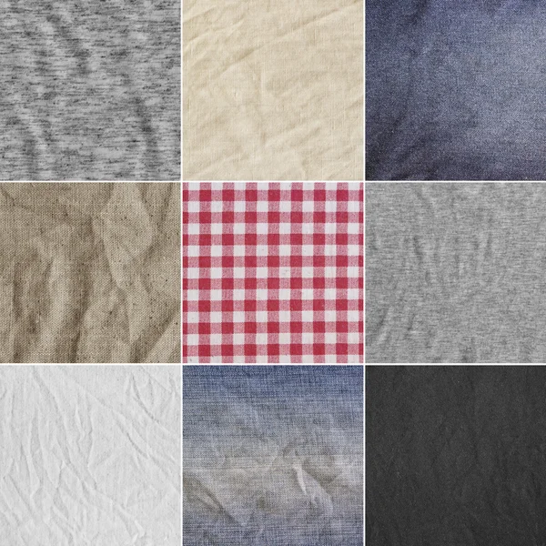 Different fabric backgrounds, textures. — Stock Photo, Image