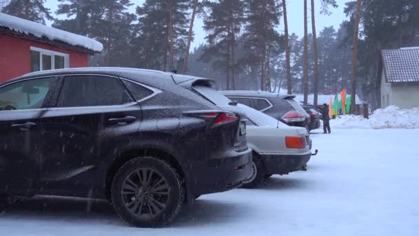 Auto en un aparcamiento en tormenta de nieve pesada. — Vídeo de stock