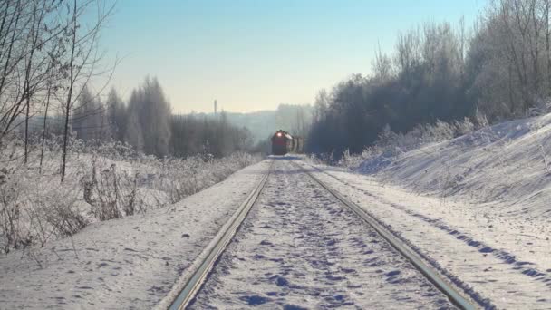 기차는 겨울 풍경이 아름답습니다. 슬라이더를 이용 한 프로 비디오. — 비디오