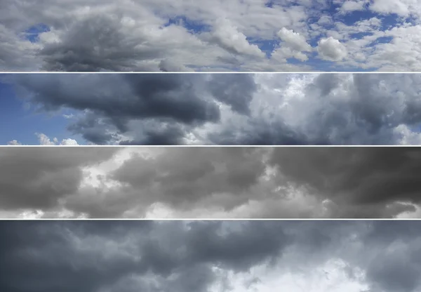 Four panoramas of cloudy sky over horizon.