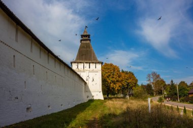 Borovsky Manastırı 'nın duvarları manzaralı bir manzara. Pafnutyev-Borovsky Ortodoks Erkekler Manastırı Borovsk, Rusya - Eylül 2020