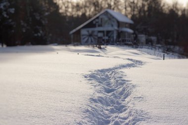 Karda ayak izleri. Karla kaplı alandaki patika. Kış kırsal arazisi