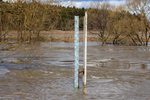 Medição Nível Subida Água Rio Durante Inundação Nascente — Fotografia de Stock