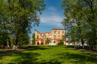 Ruin of the main house in the park-estate Belkino: Obninsk, Russia - May 2021