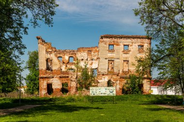 Ruin of the main house in the park-estate Belkino: Obninsk, Russia - May 2021