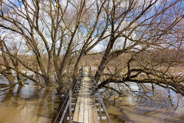 春の洪水の間 川の上の木を介して敷設木製のヒンジ橋 — ストック写真