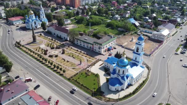 Центральная Площадь Городе Малоярославец Вид Воздуха Вид Успенский Казанский Соборы — стоковое видео