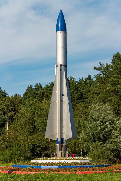 Monument in the form of a rocket at the entrance to the military town of Balabanovo-1, Kaluzhskiy region, Russia