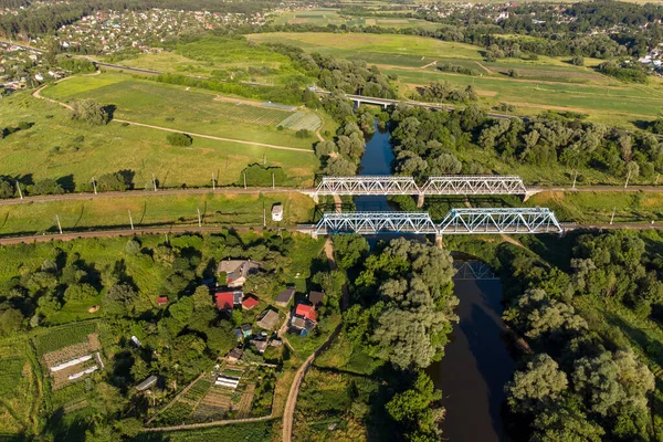 Puente Ferroviario Sobre Río Protva Vista Aérea Pueblo Obolenskoe Región — Foto de Stock