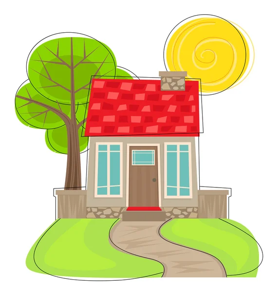 Linda casa con árbol — Vector de stock