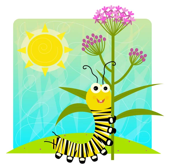 Monarch Caterpillar Holding Flower — Stock Vector