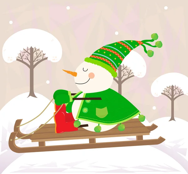 Schneemann auf einem Schlitten — Stockvektor