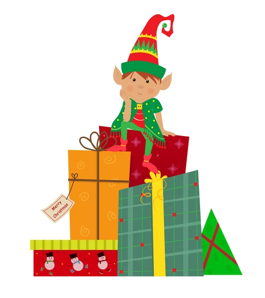 Elfo y regalos — Vector de stock