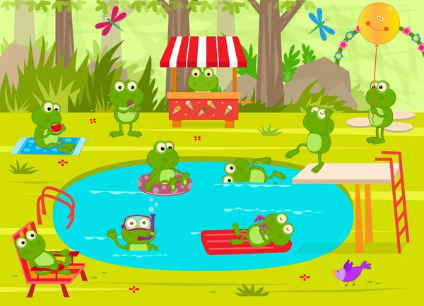 Ranas piscina fiesta — Vector de stock