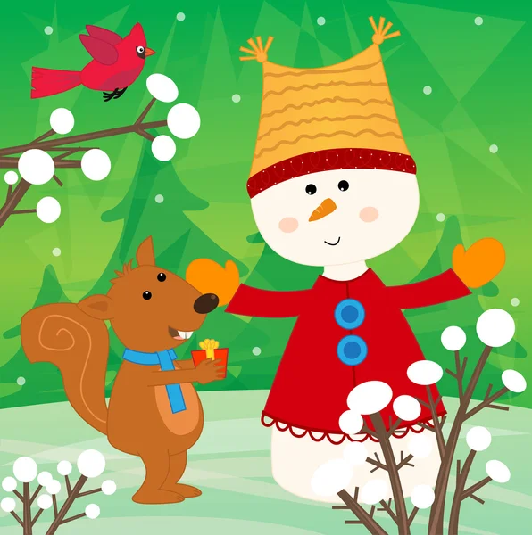 Bonhomme de neige et écureuil — Image vectorielle