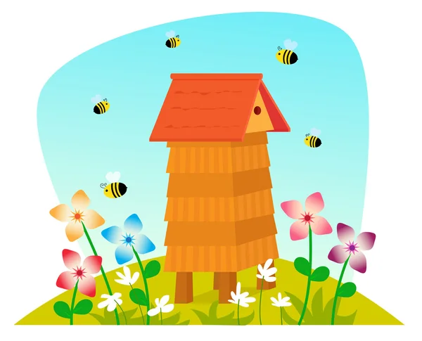 Colmena y abejas — Vector de stock