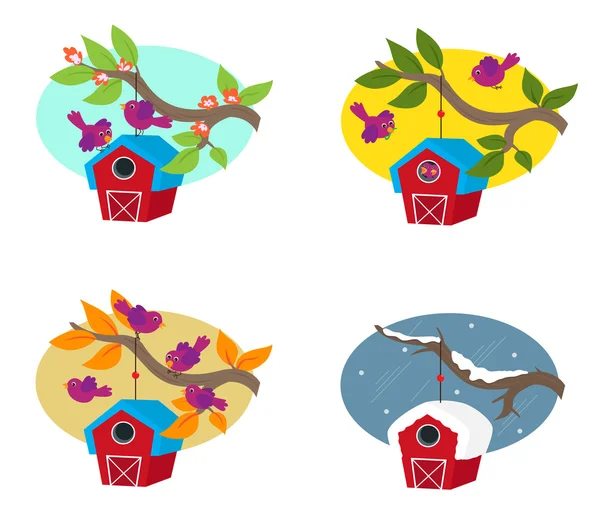 Cycle de saison avec oiseaux et nichoir — Image vectorielle