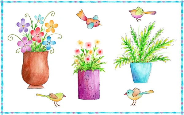 Bloemen en vogels pictogrammen — Stockfoto