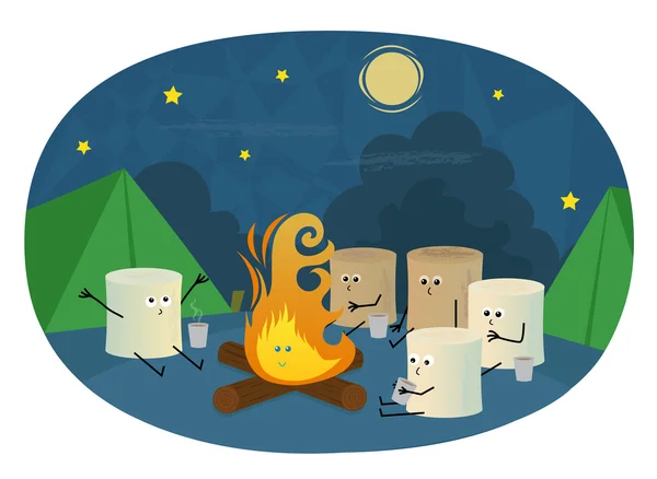 Marshmallows having fun around a campfire — Stock Vector