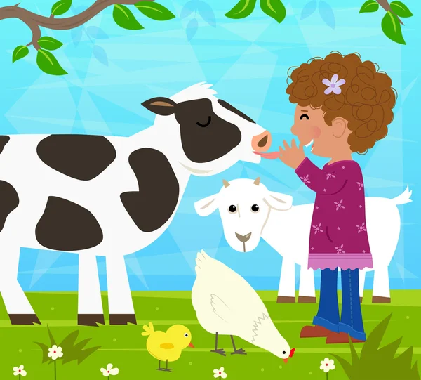 Chica con animales de granja — Vector de stock