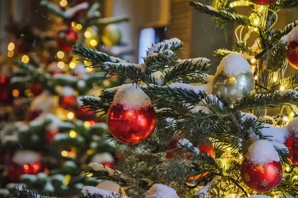Weihnachtsbaumzweig unter dem Schnee mit roten Luftballons — Stockfoto