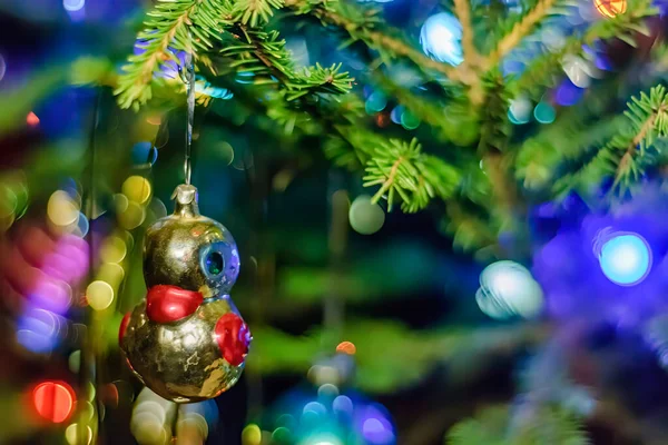 ของเล่นเป็ดคริสต์มาสของสหภาพโซเวียตบนสาขา Spruce ภาพถ่ายสต็อกที่ปลอดค่าลิขสิทธิ์