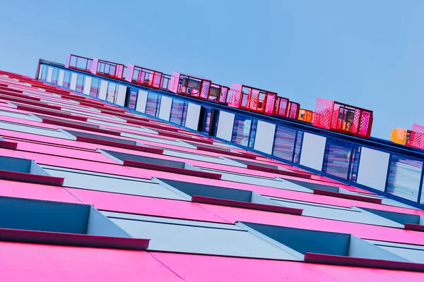 Стена здания в розовых цветах против голубого неба — стоковое фото