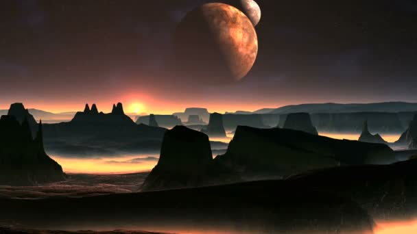 Deux lunes et le lever du soleil sur une planète d'étrangers 