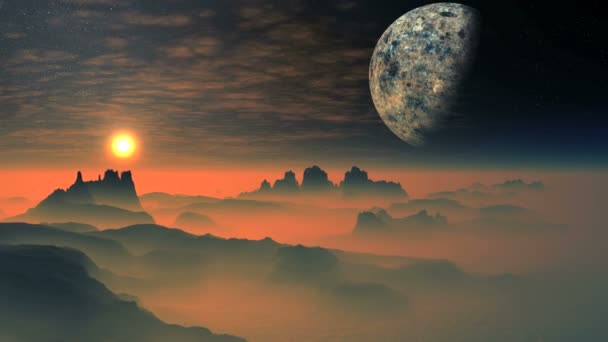 Heller Sonnenaufgang über dem nebligen Planeten Aliens — Stockvideo