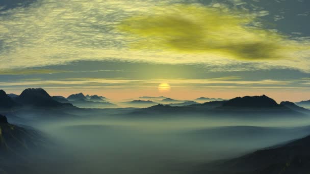 Salida del sol brillante en el valle de la montaña brumosa — Vídeos de Stock