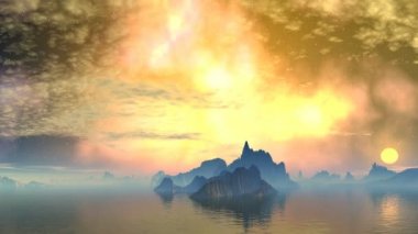 Göl üzerinde parlak altın günbatımı