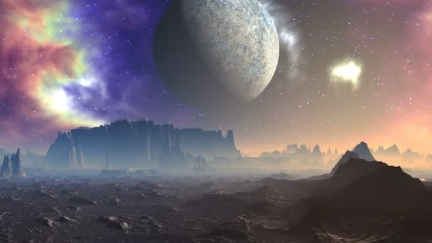 Туманність, місяця й чужій планеті — стокове відео