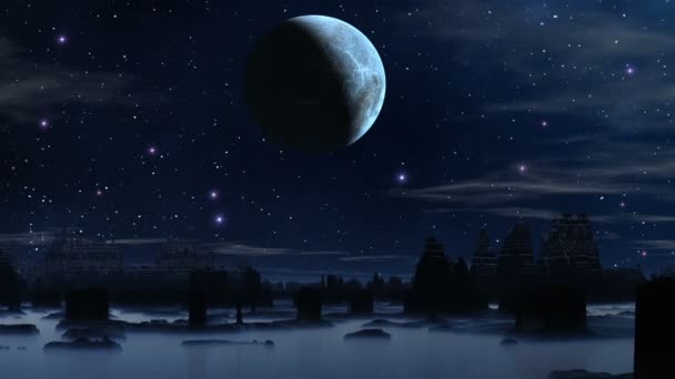 La lune et les ruines d'une ville étrangère 