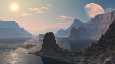 Gün batımı ve bir dağ Gölü üzerinde ayın doğuşu