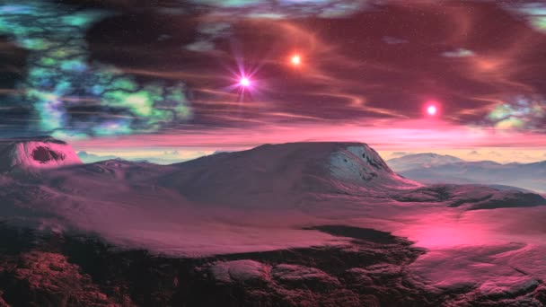 Sunrise pink stars on a snowy planet — Stock Video