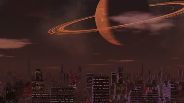 Туманный город пришельцев и огромная планета — стоковое видео