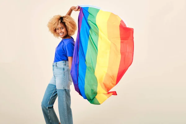 Gey gururunun lgbtq bayrağını tutarken gülümseyen Afro kadın izole bir arka planda.