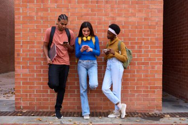 Her biri akıllı telefonlarına dalmış, gençliği ve dijital bağlantıyı sembolize eden, duvarın önünde duran çeşitli öğrenciler.